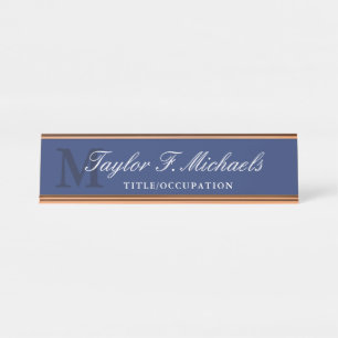 Elegant Blue Monogram & Name Desk Name Plate