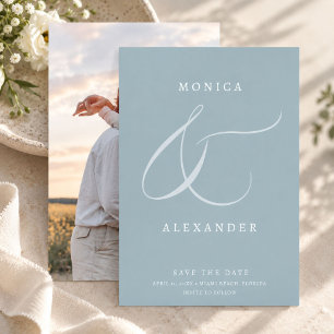 Elegant Blue Monogram Photo Wedding Save The Date