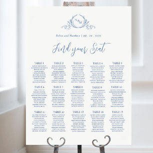 Elegant Blue Monogram Wedding Seating Chart Sign