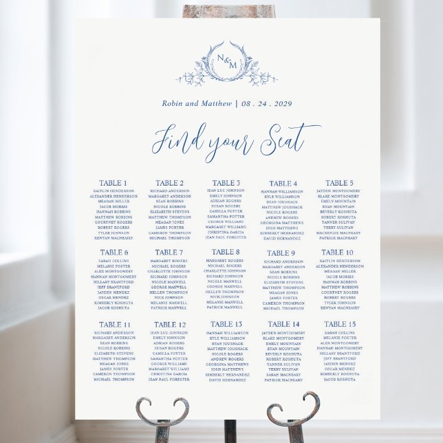 Elegant Blue Monogram Wedding Seating Chart Sign (Creator Uploaded)