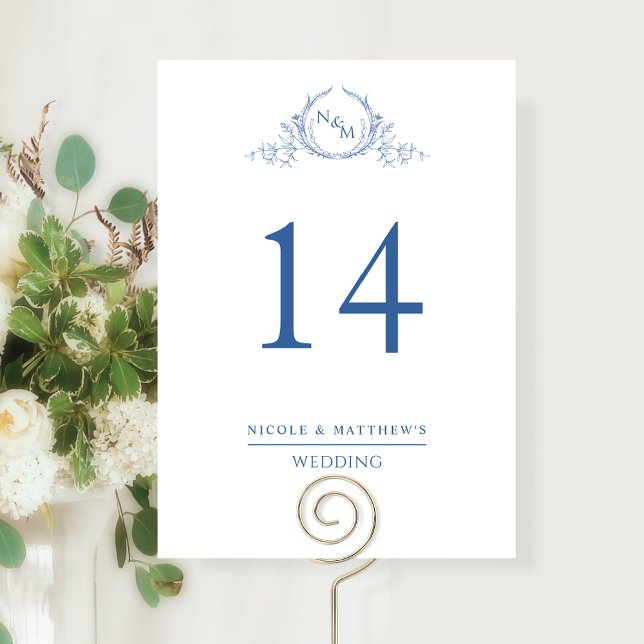 Elegant Blue Monogrammed Wedding Table Number (Creator Uploaded)