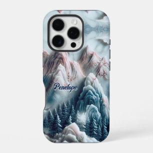 Elegant blue mountains chinoiserie monogram iPhone 16 pro case
