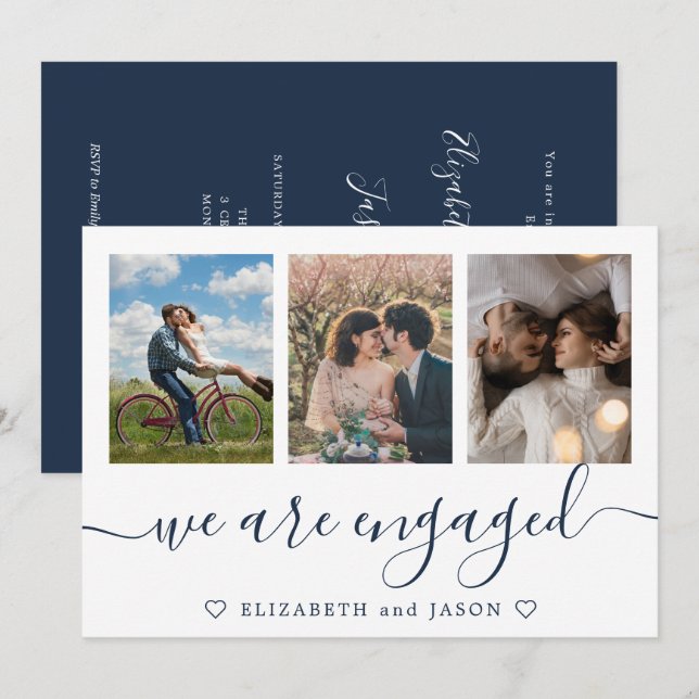 Elegant blue multiphoto Engaged announcement (Front/Back)