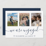 Elegant blue multiphoto Engaged announcement<br><div class="desc">Elegant Blue Engagement announcement card featuring 3 of your photos,  with Engagement Party invitation on back. Easy to personalize.</div>