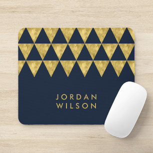 Elegant Blue Name Faux Gold Triangle Pattern Mouse Pad