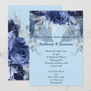 ELEGANT BLUE NAVY FLORAL ROSE WEDDING INVITATION