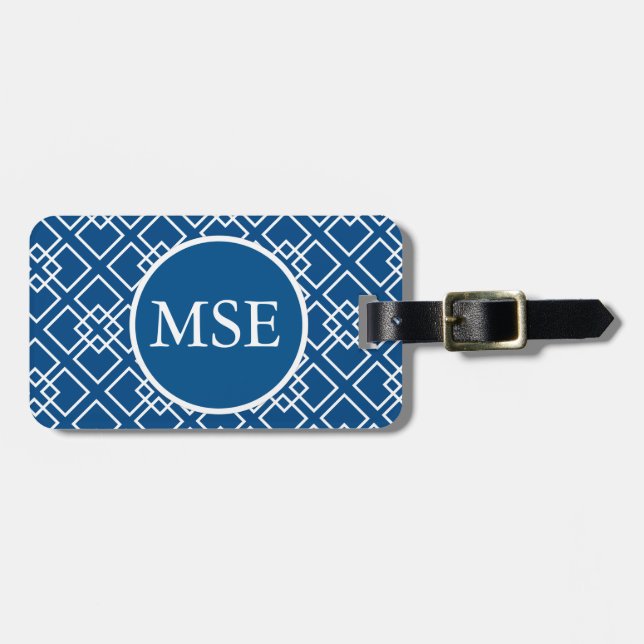 Elegant Blue Navy Geometric Pattern Monogram Luggage Tag (Front Horizontal)