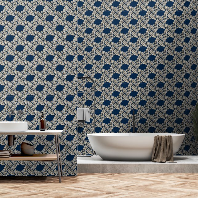 Elegant Blue Navy Knotwork Vintage Pattern Wallpaper (Bathroom)