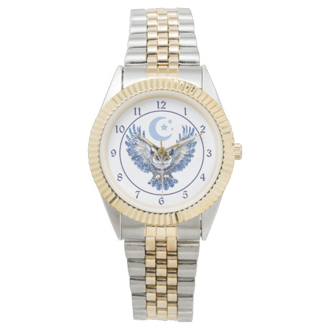 Elegant Blue Night Owl and Moon Watch (Front)