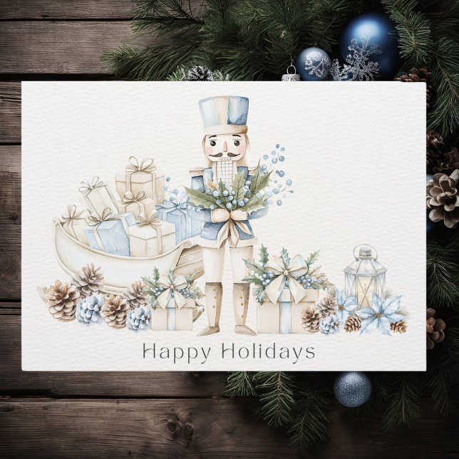 Elegant Blue Nutcracker Winter Sleigh Happy  Holiday Card (Creator Uploaded)