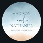 Elegant Blue Ocean Beach Shore Sand Wedding Classic Round Sticker<br><div class="desc">These are Elegant Blue Ocean Beach Shore Sand Wedding Party Favour Stickers!</div>