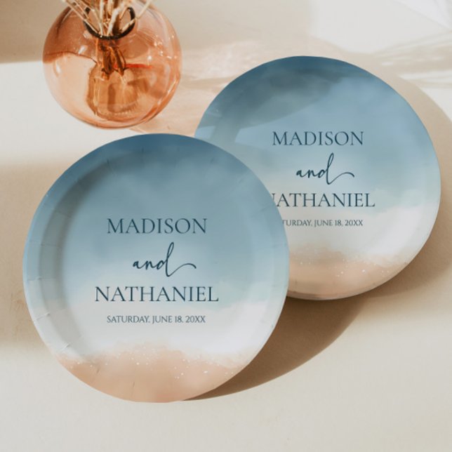 Elegant Blue Ocean Beach Shore Sand Wedding Paper Plate (Creator Uploaded)