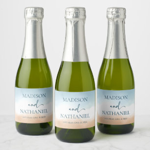 Elegant Blue Ocean Beach Shore Sand Wedding Sparkling Wine Label