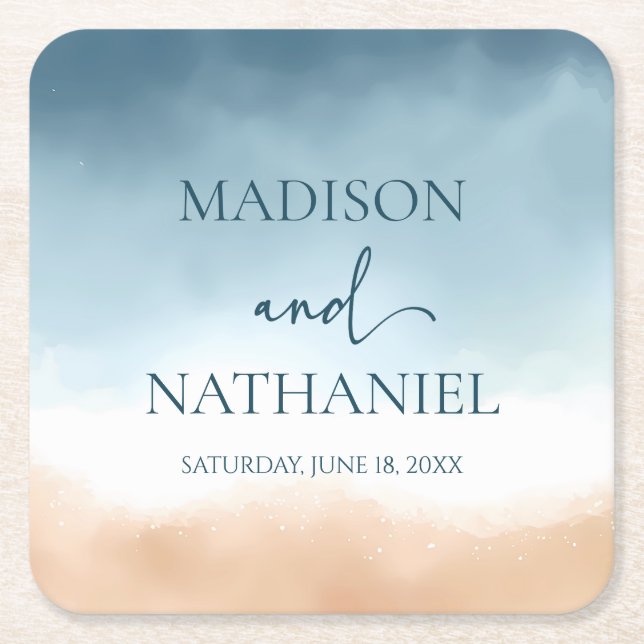 Elegant Blue Ocean Beach Shore Sand Wedding Square Paper Coaster (Front)