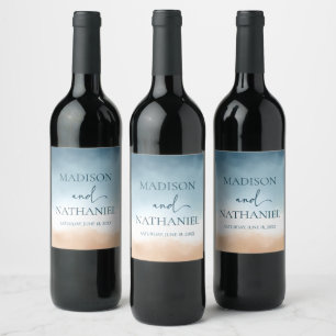 Elegant Blue Ocean Beach Shore Sand Wedding Wine Label