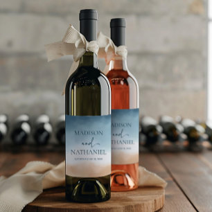Elegant Blue Ocean Beach Shore Sand Wedding Wine Label