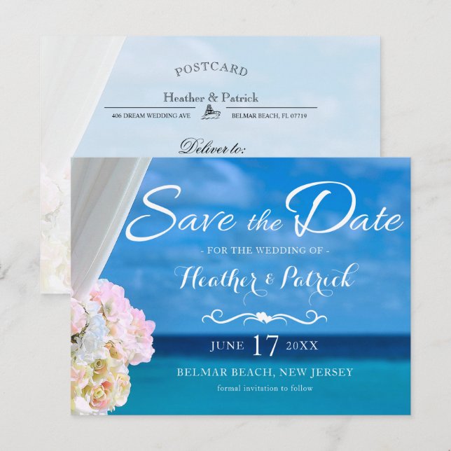 Elegant Blue Ocean Beach Summer Save the Date Announcement Postcard (Front/Back)
