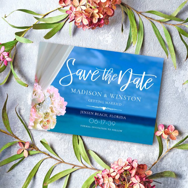 Elegant Blue Ocean Beach Summer Save the Date Card (Creator Uploaded)