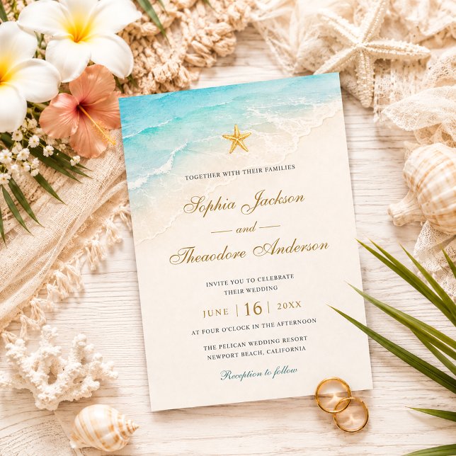 Elegant Blue Ocean Starfish Wedding Invitation (Creator Uploaded)