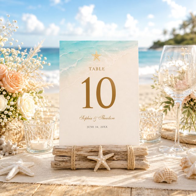 Elegant Blue Ocean Starfish Wedding Table Number (Creator Uploaded)