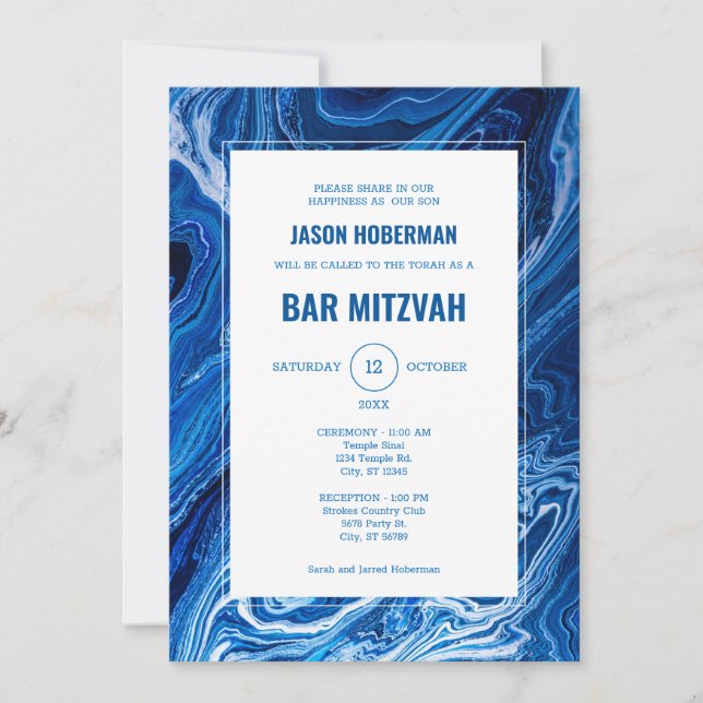 Elegant Blue Ocean Waves Bar Mitzvah Invitation (Front)