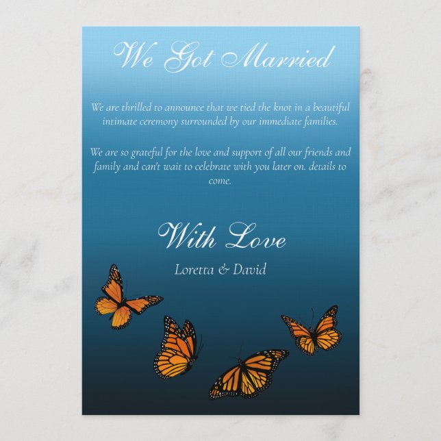 Elegant Blue Ombre Romantic Monarch Butterfly Invitation (Front)