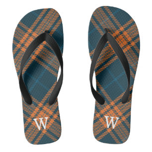 Elegant blue & orang tartan plaid Personalized Flip Flops