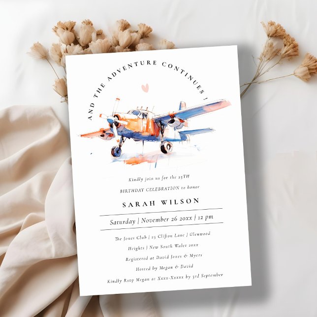 Elegant Blue Orange Blush Airplane Birthday Invitation (Creator Uploaded)