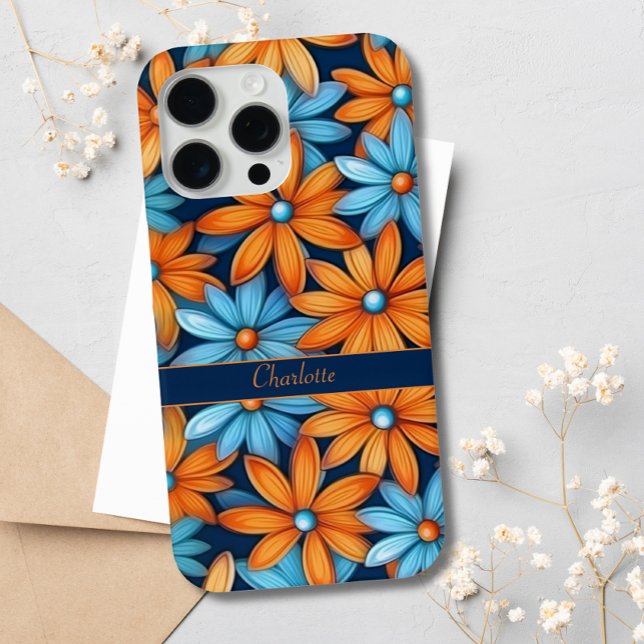 Elegant Blue Orange Floral Daisies Custom Name Case-Mate iPhone Case (Creator Uploaded)