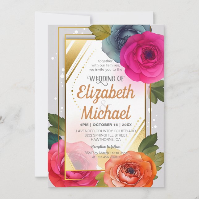 Elegant Blue Orange Pink Floral Wedding Gold Frame Invitation (Front)