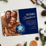Elegant Blue Ornament Photo Christmas Foil Holiday Card<br><div class="desc">Sophisticated family christmas holiday card featuring a deep blue background,  an elegant blue & gold foil xmas ornament,  your family name,  message,  and a photo template for you to replace with your own.</div>