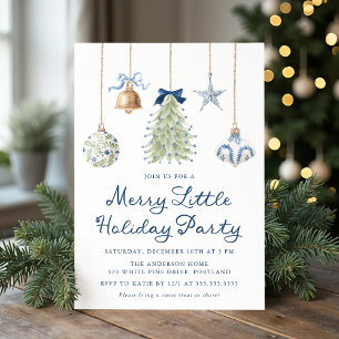 Elegant Blue Ornaments Merry Little Holiday Party Invitation