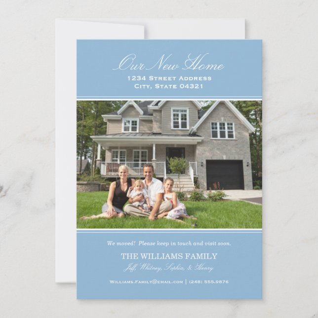Elegant Blue Our New Home Photo Moving Announcement (Front)