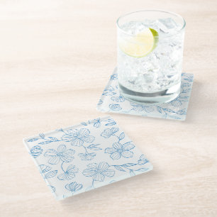 Elegant Blue Outline Florals Motif Glass Coaster