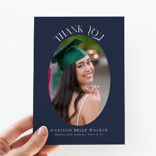 Elegant Blue Oval Graduation Photo Thank You  Card