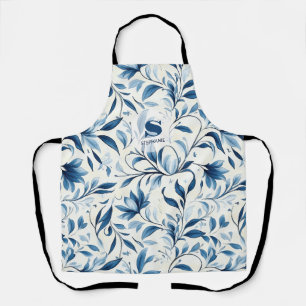 Elegant Blue Paisley Leaves - White Background (1) Apron