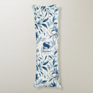 Elegant Blue Paisley Leaves - White Background (1) Body Pillow