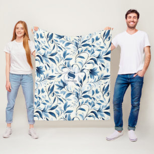 Elegant Blue Paisley Leaves - White Background (1) Fleece Blanket