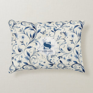 Elegant Blue Paisley Leaves - White Background (2) Accent Pillow
