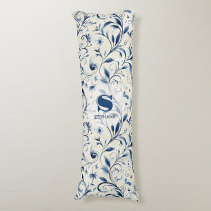 Elegant Blue Paisley Leaves - White Background (2) Body Pillow