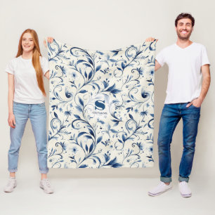 Elegant Blue Paisley Leaves - White Background (2) Fleece Blanket