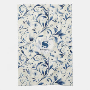 Elegant Blue Paisley Leaves - White Background (2) Kitchen Towel