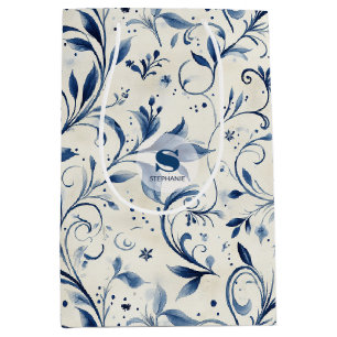 Elegant Blue Paisley Leaves - White Background (2) Medium Gift Bag