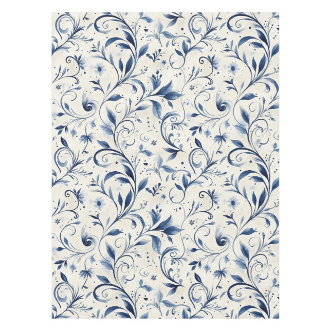 Elegant Blue Paisley Leaves - White Background (2) Tablecloth (Front)