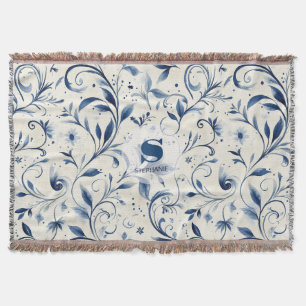 Elegant Blue Paisley Leaves - White Background (2) Throw Blanket