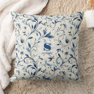 Elegant Blue Paisley Leaves - White Background (2) Throw Pillow