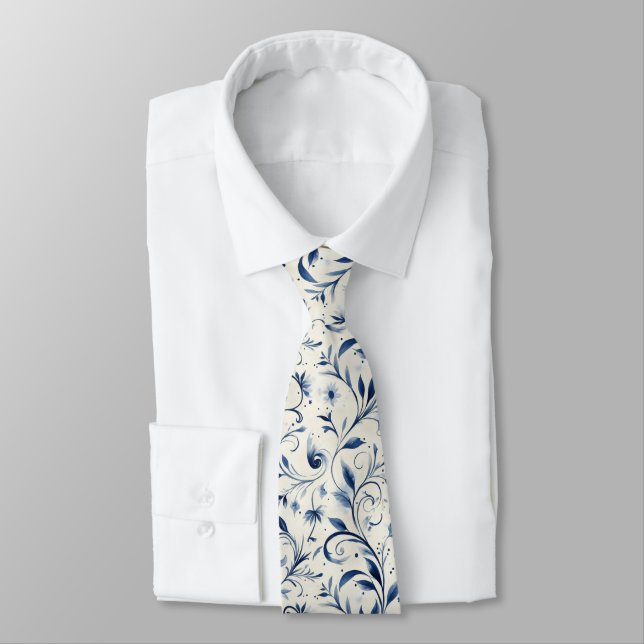 Elegant Blue Paisley Leaves - White Background (2) Tie (Tied)