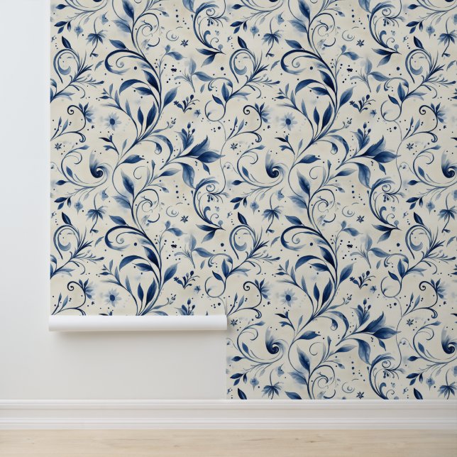 Elegant Blue Paisley Leaves - White Background (2) Wallpaper (Application)