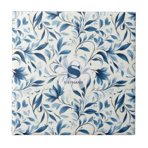 Elegant Blue Paisley Leaves - White Background Tile