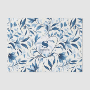Elegant Blue Paisley Leaves - White Background Tissue Paper